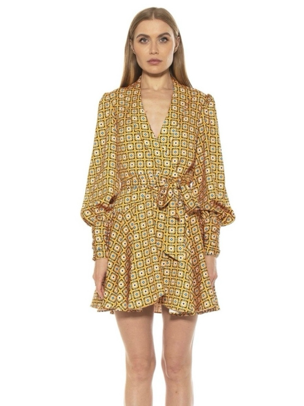 $245 Alexia Admor Phoebe Wrap Dress Mustard Geo Print Long Sleeve Size 8 (XS/S)